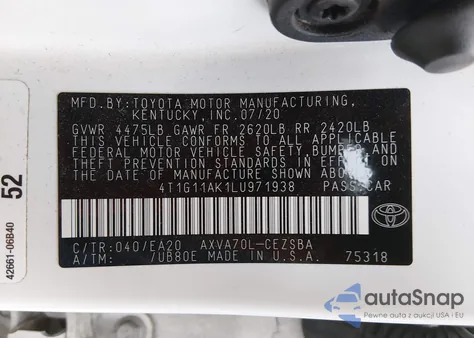 2020 Toyota Camry Se from USA, damaged, VIN 4T1G11AK1LU971938